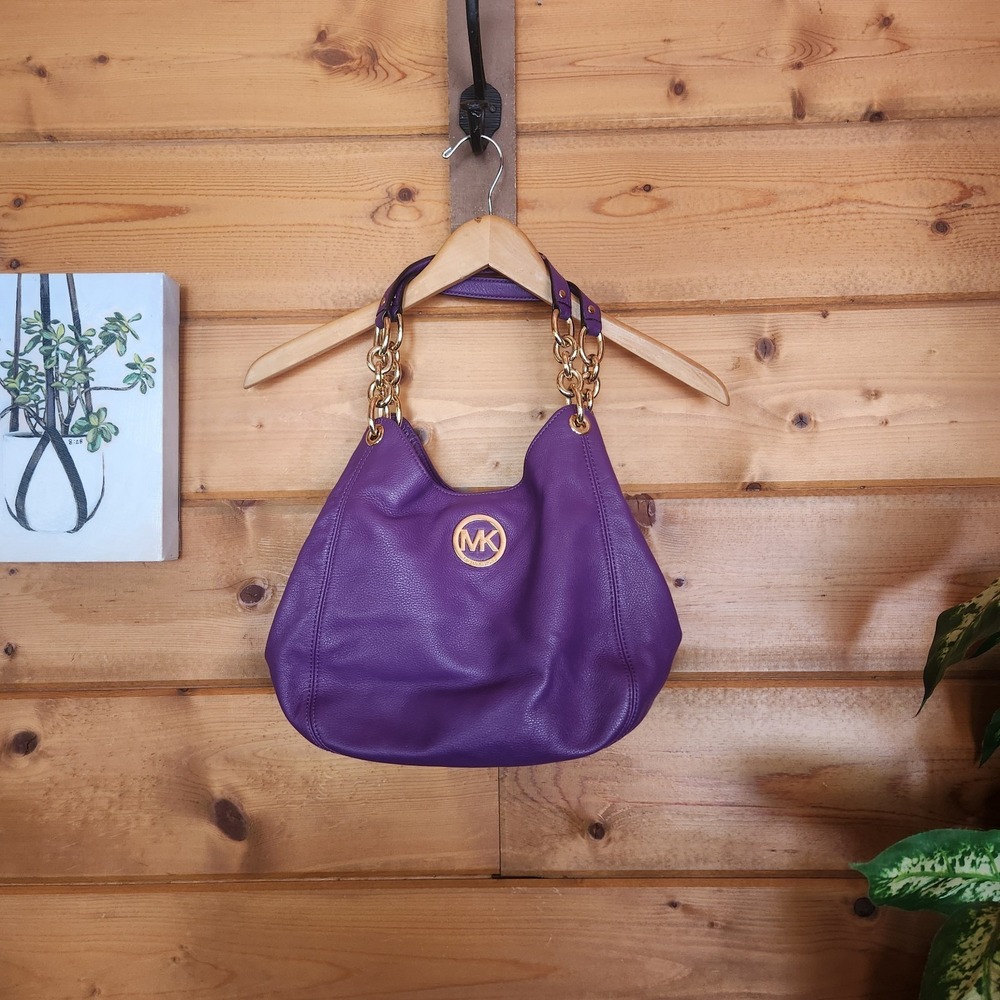 Michael Kors Fulton Hobo Shoulder Bag Purple Pebbled Leather Gold Chain AP-1504